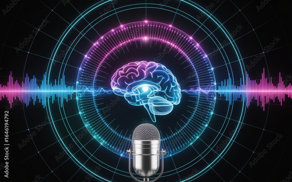 Obraz premium Brainwave analysis with microphone: Explore the power of sound, mind, and technology for innovative communication and insights