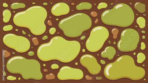Flat lay of various sized green and brown blobs on a brown background creating a seamless pattern
