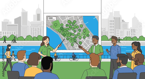 Urban Planning Presentation With Diverse Audience In Cityscape Setting