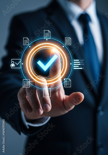 Photo of businessman using a digital interface to confirm the quality control standards and regulatory compliance of a company