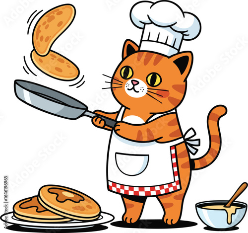 Cartoon Chef Cat Flipping Pancakes – Cute Breakfast Cooking Vector Illustration