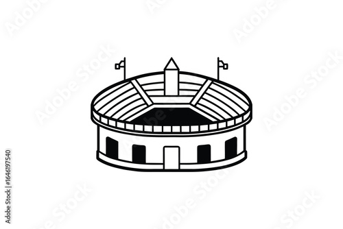 Simple black and white illustration of a Roman Colosseum or amphitheater silhouette