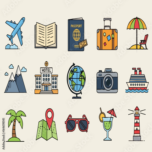 Travel and tourism icons set with airplane, passport, luggage