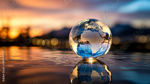 Crystal world globe reflecting warm sunset, global connection, and environmental awareness concept