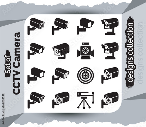 Collection of CCTV Camera Icons Depicting Various Surveillance Equipment and Security Systems for Monitoring and Protection