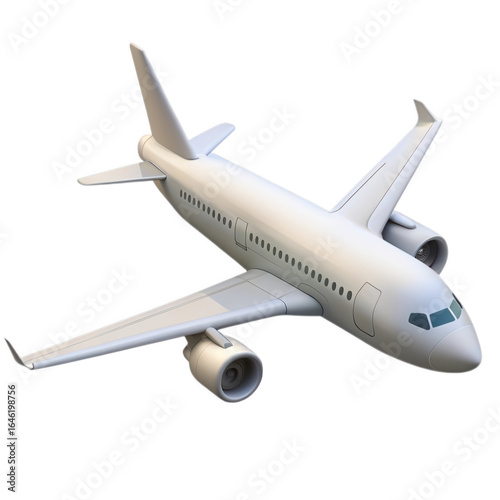 Modern white passenger jet airplane flying at an angle isolated on transparent background