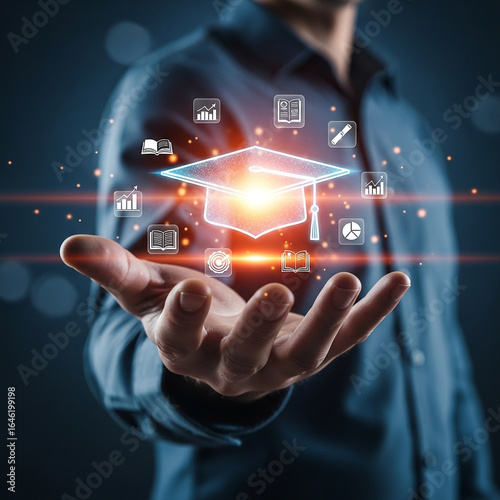 Photo of a man is presenting a graduation cap hologram symbolizing education and academic success in the digital age