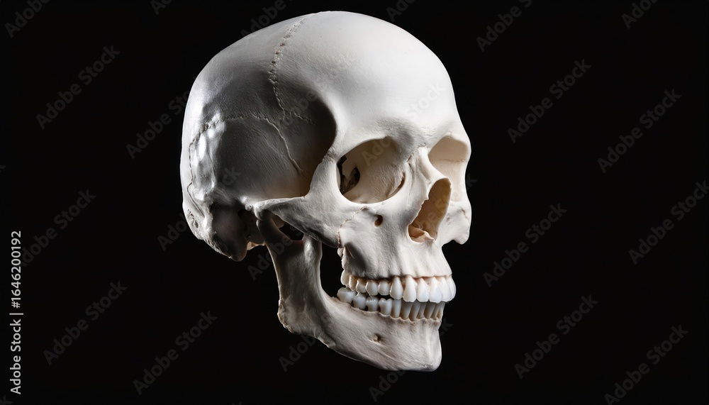 Naklejka premium Anatomical Study of a Human Skull with Teeth and Jaw Bones on a Black Background