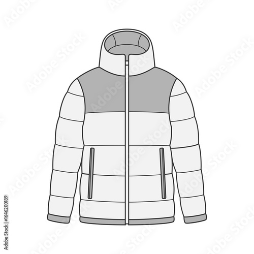 Modern white puffer jacket with gray accents and zipper detail, perfect for fashion design and winter wear inspiration