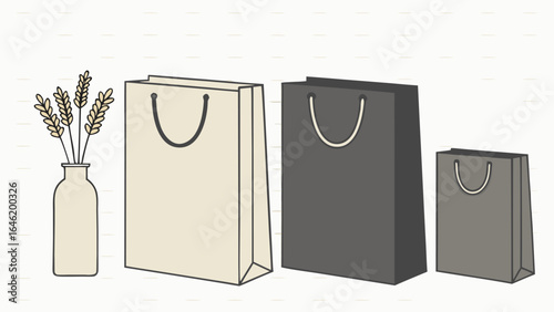 Beige and gray shopping bags with dried wheat in vase