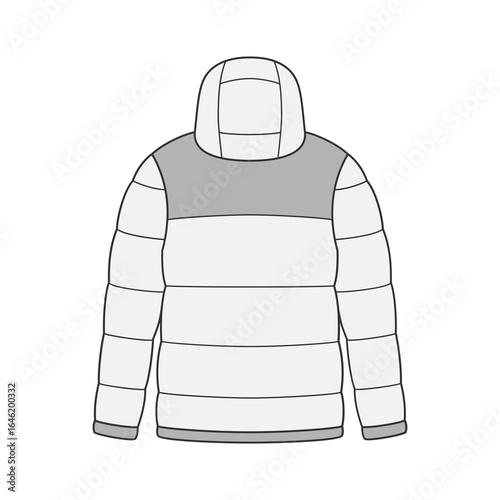 Stylish modern puffer jacket with contrasting shoulder panel and hood, perfect for winter fashion and outerwear brands