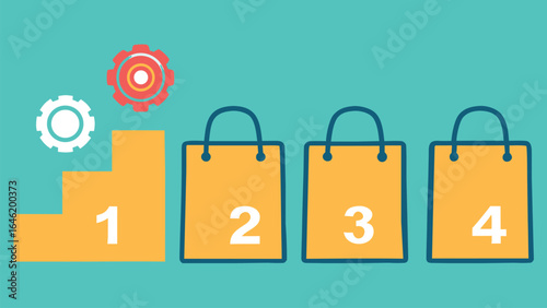Four orange shopping bags numbered 1 to 4 with gears