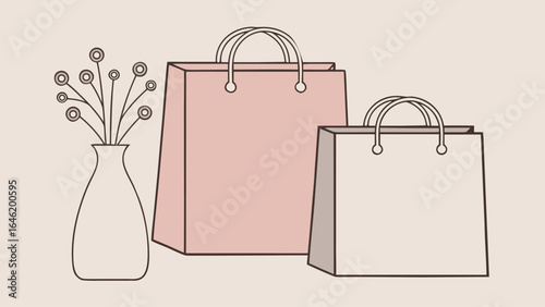Pink and beige shopping bags with decorative vase paper bag
