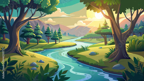 A serene river winds gently through lush greenery, its surface mirroring the delicate branches above, while sunlight dances softly across the peaceful forest landscape in a graceful, timeless embrace