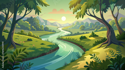 A serene river winds gently through lush greenery, its surface mirroring the delicate branches above, while sunlight dances softly across the peaceful forest landscape in a graceful, timeless embrace