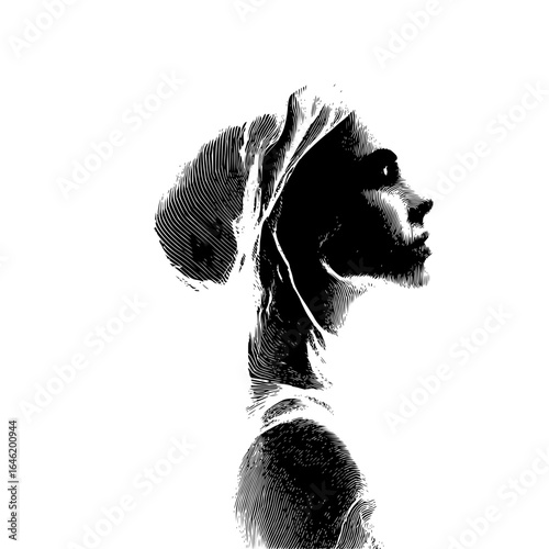 Engraved portrait of a woman in profile with a head covering against a white background art style