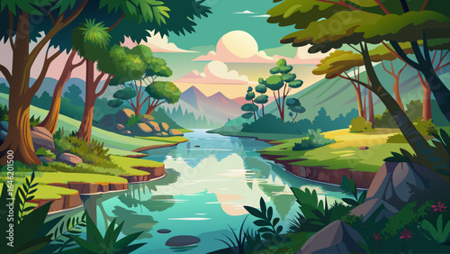 A serene river winds gently through lush greenery, its surface mirroring the delicate branches above, while sunlight dances softly across the peaceful forest landscape in a graceful, timeless embrace