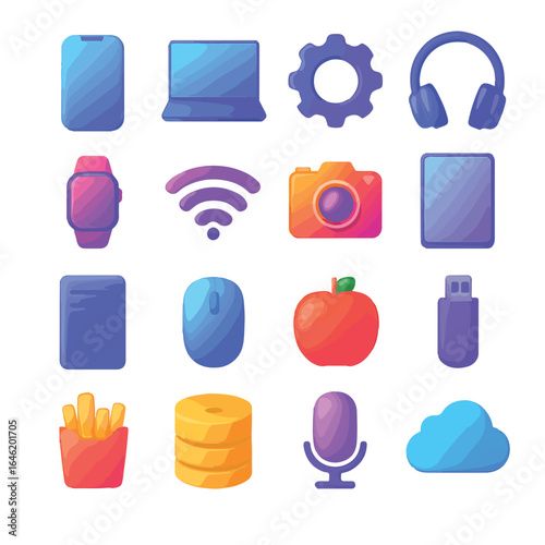 Colorful gadget collection including phone, laptop, watch