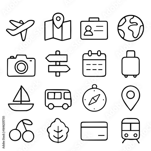Travel and tourism icons set with airplane, map, badge