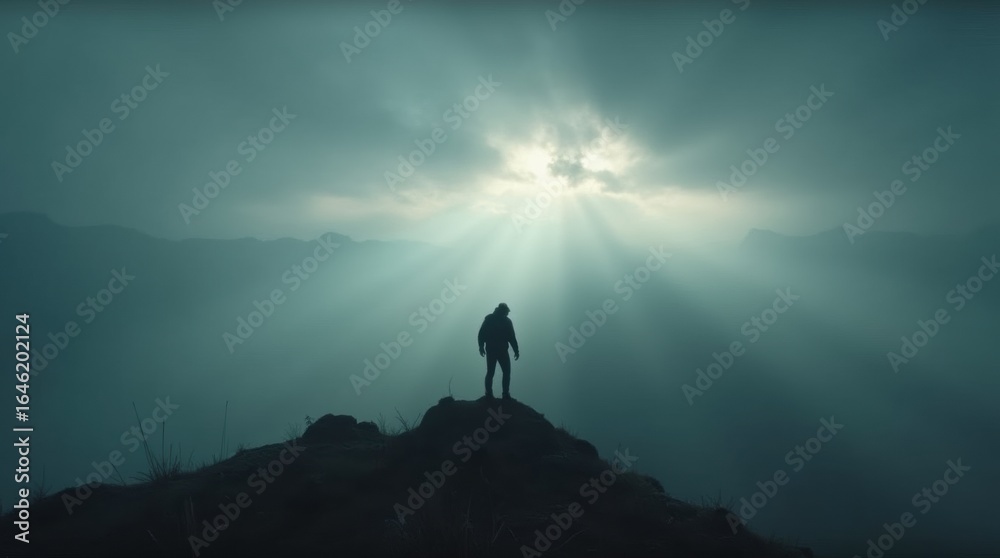 Fototapeta premium Moody Mountainscape Hiker in Dramatic Light
