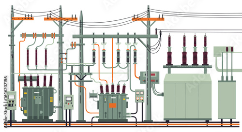 Stylized flat vector illustration of a vibrant power substation equipment room