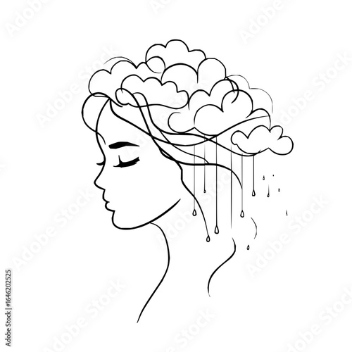 Line art of a woman in profile with clouds in her hair and raindrops falling from the clouds above her