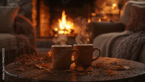 Cozy Autumn Evening with Two Steaming Coffee Mugs by Crackling Fireplace on Rustic Table with Seasonal Accents
