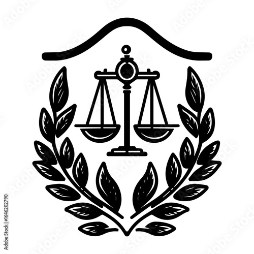 Symbolic design featuring scales of justice and laurel wreath conveys law, legal, and judicial themes for various creative projects.