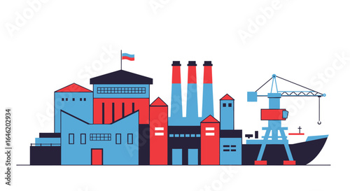 Stylized industrial harbor landscape with port authority buildings and crane