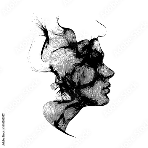 Abstract monochrome drawing of a female face in profile with flowing lines and artistic distortions present