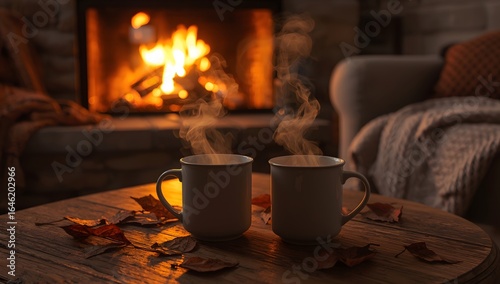 Cozy Autumn Evening with Two Steaming Coffee Mugs by Crackling Fireplace on Rustic Table with Seasonal Accents