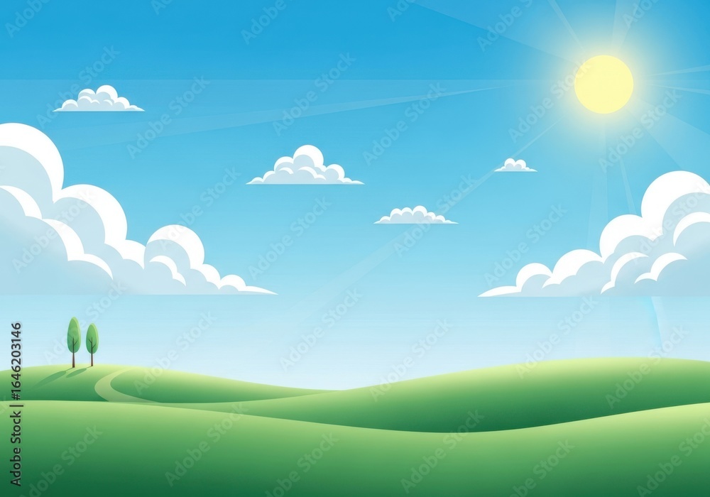 Fototapeta premium Vibrant green rolling hills under a bright sunny sky with fluffy white clouds and two trees