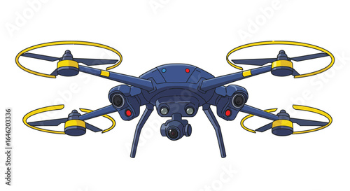 Stylized flat vector illustration of a vibrant surveillance drone hovering