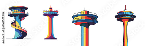 Stylized flat vector illustration of vibrant modern observation towers collection