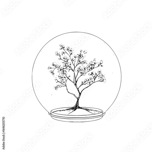 A delicate bonsai tree with tiny white flowers inside a glass terrarium on a white background art piece