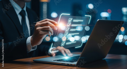 Photo of businessman using a digital contract on a futuristic interface with a laptop in a modern office environment