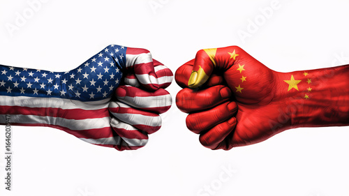 USA versus China economic conflict and trade war concept with fists painted with national flags