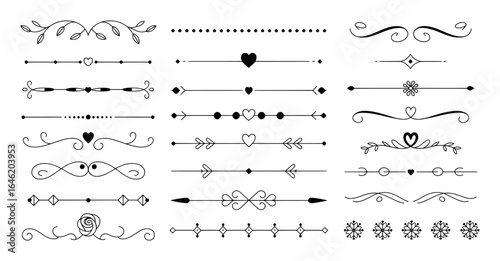 Decorative ornamental dividers and flourishes with hearts and leaves border
