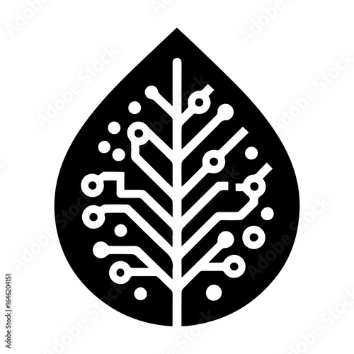 An abstract eco-technology emblem featuring a leaf shape integrated with a circuit board design, ideal for representing green technology concepts.