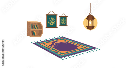 Stylized vector illustration of an Islamic prayer room setup with rug decor