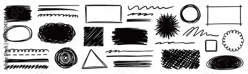 Shape hand drawn set. Grunge shape design with hand drawn scribble line, rough brush stroke frame and pencil sketch shape. Circle, rectangle frame and underline texture. Vector illustration