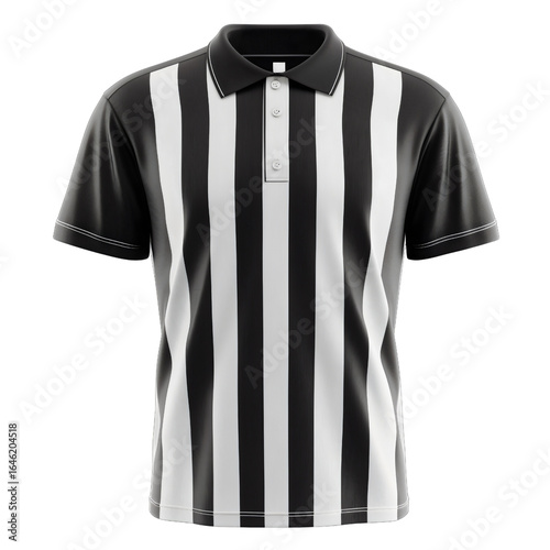 Isolated referee shirt with black and white stripes, the official uniform for a sports umpire, a classic piece of sportswear for football, soccer, or basketball, symbolizing the authority of the game