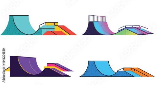 Stylized Skate Park Ramp Variations in Flat Vector Illustration Style