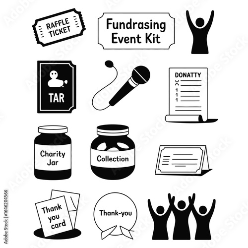 Fundraising event kit with 10 black and white vector objects including raffle, banner, microphone, and donation jar