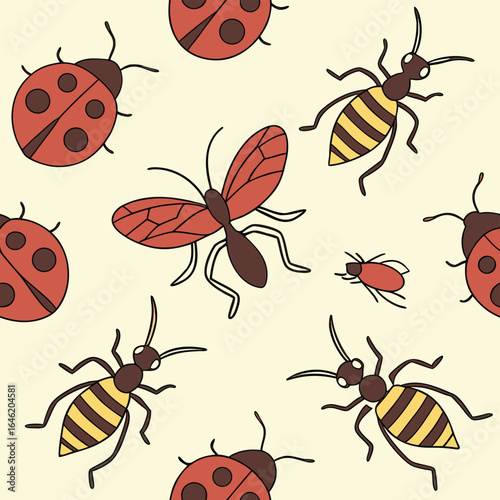 Seamless pattern of cartoon ladybugs ants and flies on a pale yellow background insect pattern mosquito
