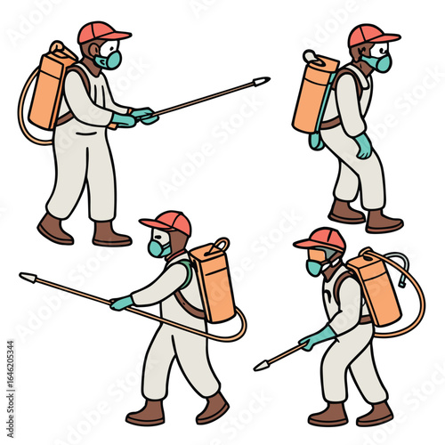 Four cartoon figures wearing protective suits and masks spraying with backpack sprayers pest control