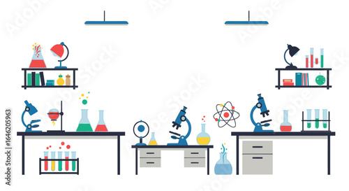 Flat vector illustration of a school science lab with chemical instruments