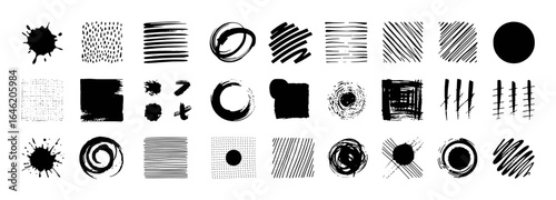 Black ink brush strokes splatters circles and lines graphic elements vector