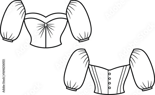 Vector fashion illustration of puff sleeve crop top with sweetheart neckline, vintage corset style blouse design