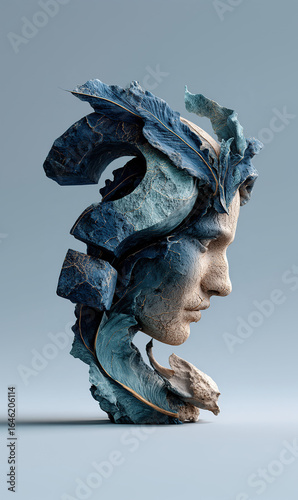 Human profile with question mark Dark Surreal Sculpture with Question Suitable for conceptual designs, editorial illustrations, or psychology-themed projects.